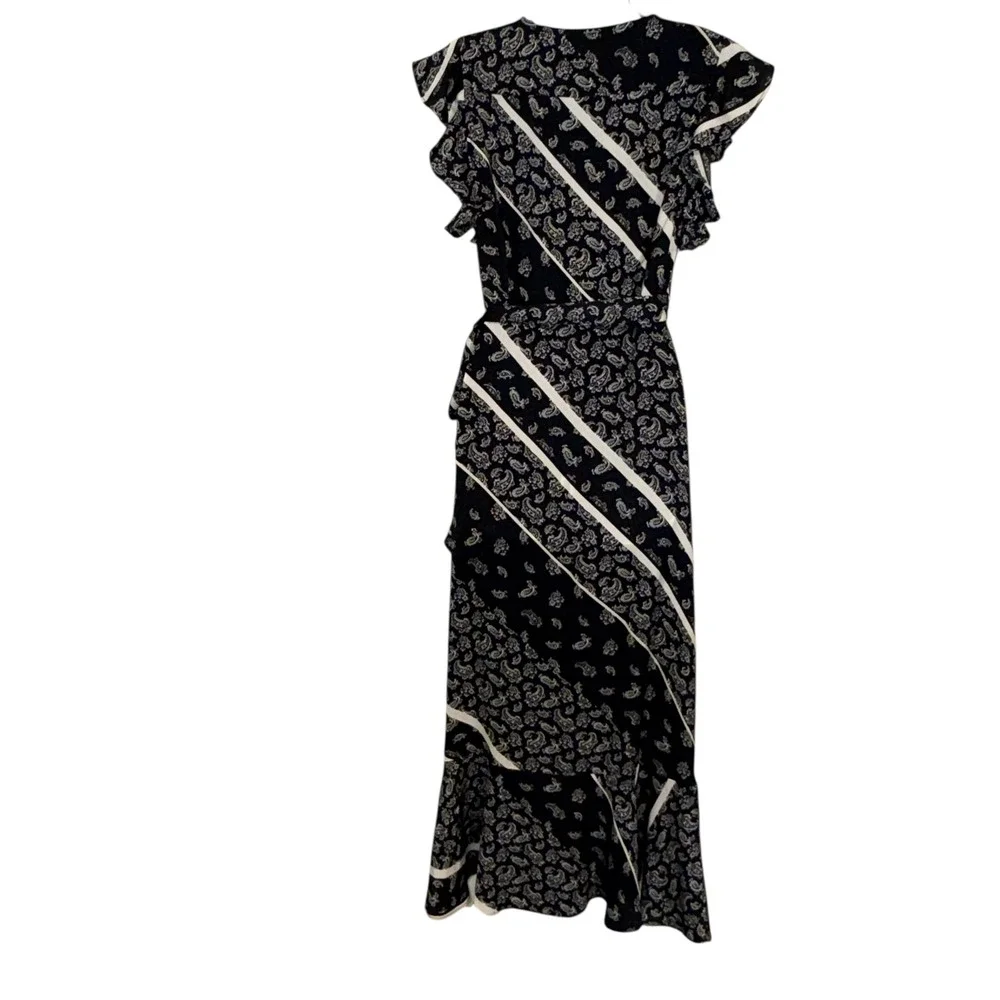 GIGI PARKER Black White Paisley Ruffle Wrap Flutter Sleeve Midi Dress‎ EUC Small